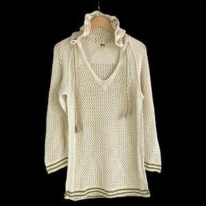 Free People Shadow Stripe Crochet Knit Hoodie Sweater Swim Beach Cover Up Size S